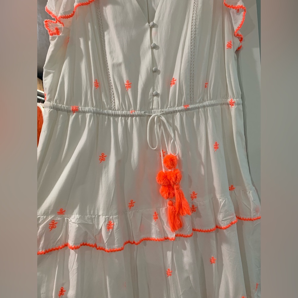 NWOT. J. Crew White Midi Dress with Neon Orange Trim - Picture 3 of 4